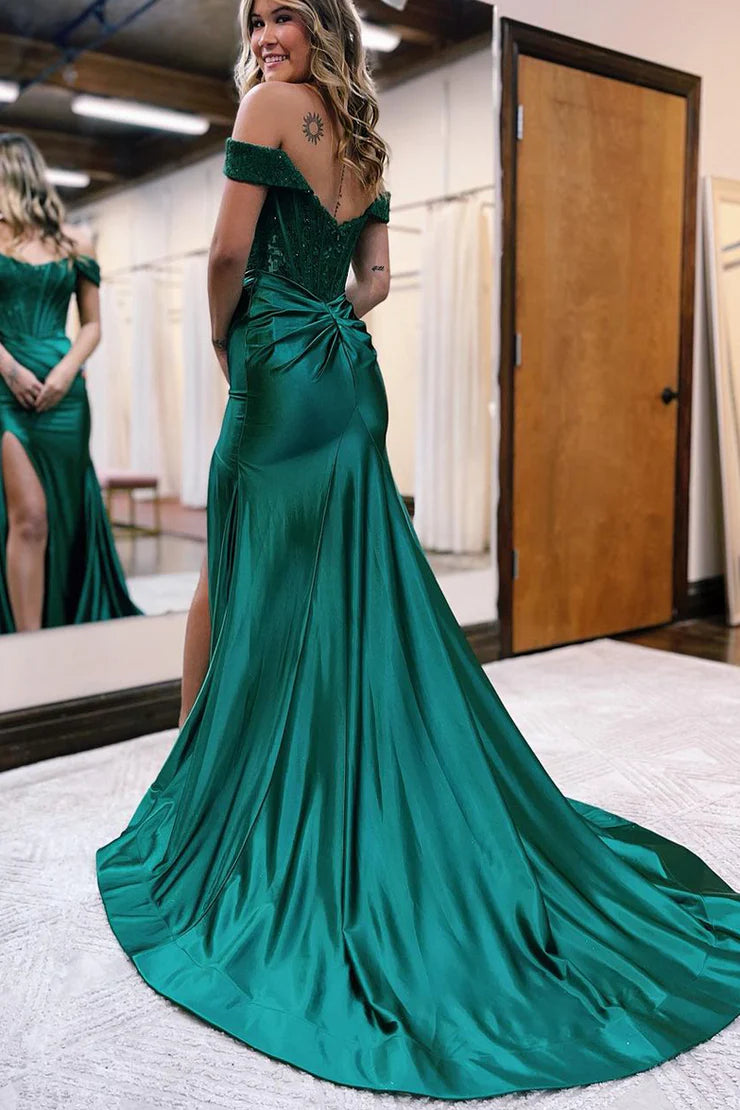 Charming Mermaid Off the Shoulder Dark Green Satin Long Prom Dresses with Lace