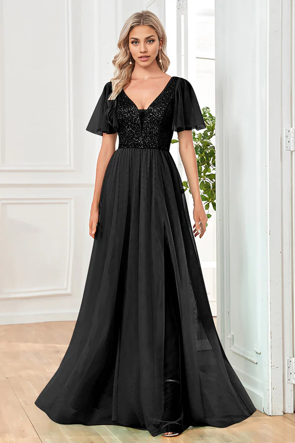 Black A-Line V Neck Long Prom Dress with Sequins simple gentle atmospheric and unique desi