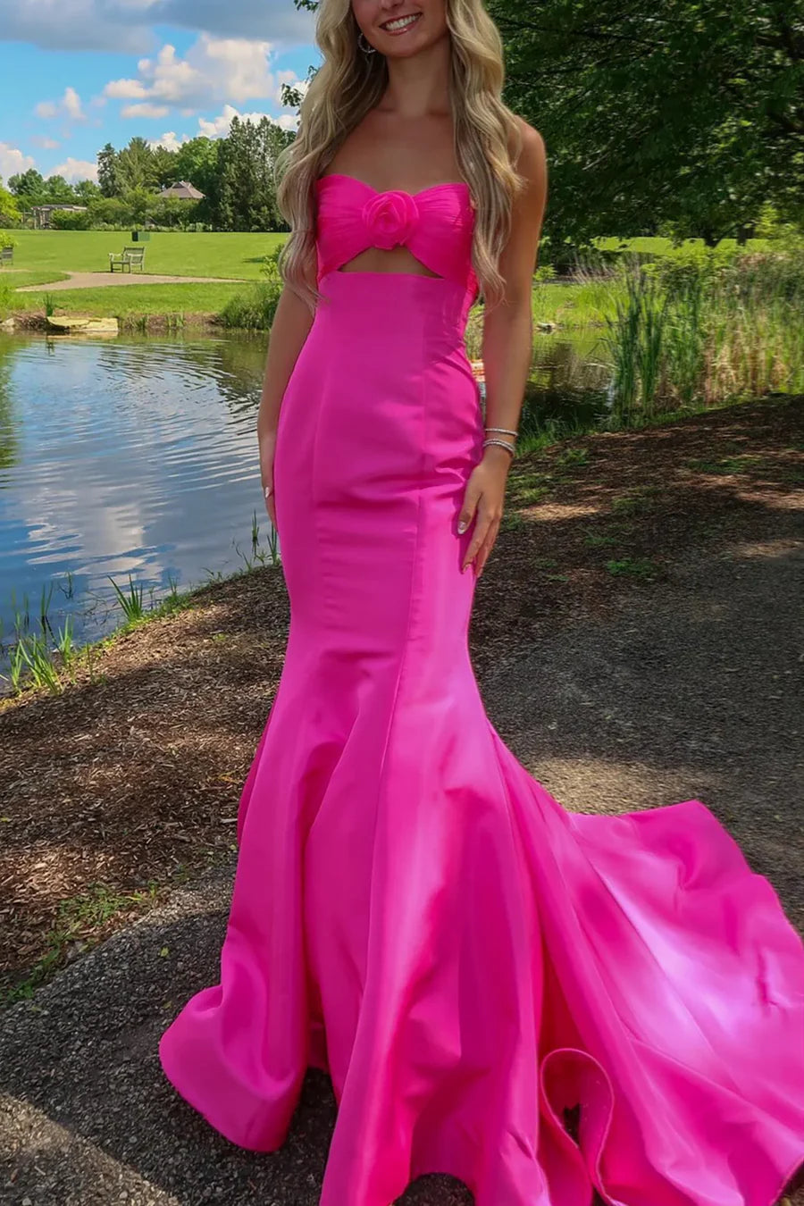 Strapless Mermaid Keyhole Satin Pleated Long Prom Dress