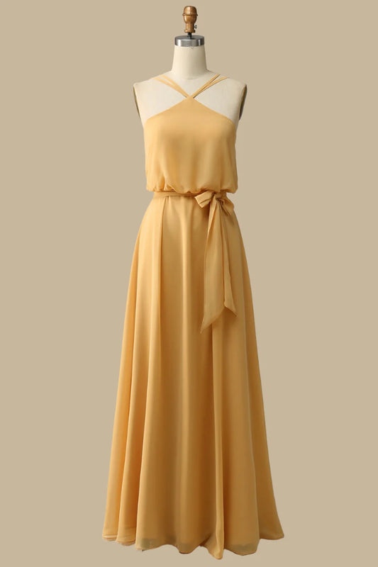 Blouson-Style Halter Chiffon Maxi Dress in Mustard Simple gentle grand and beautiful