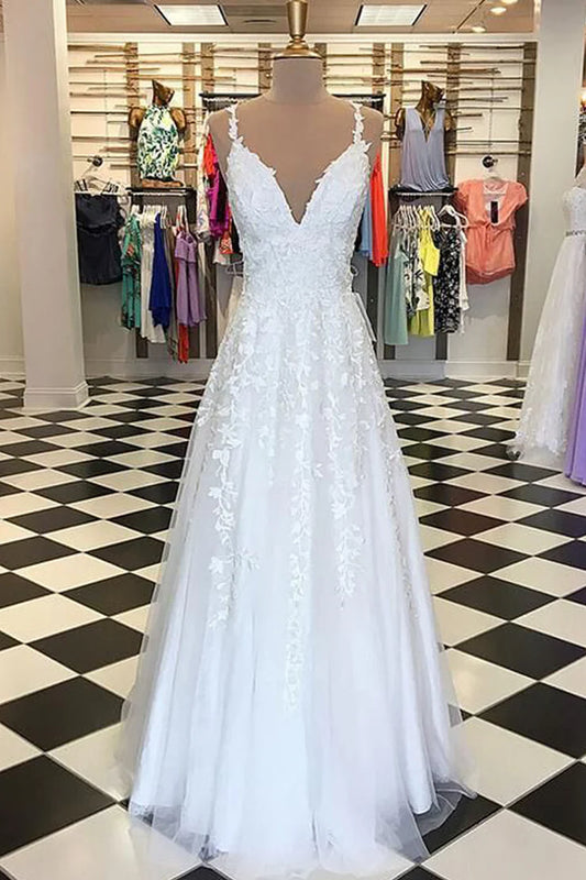 Exquisite A-Line V Neck White Tulle Long Prom Dresses with Appliques