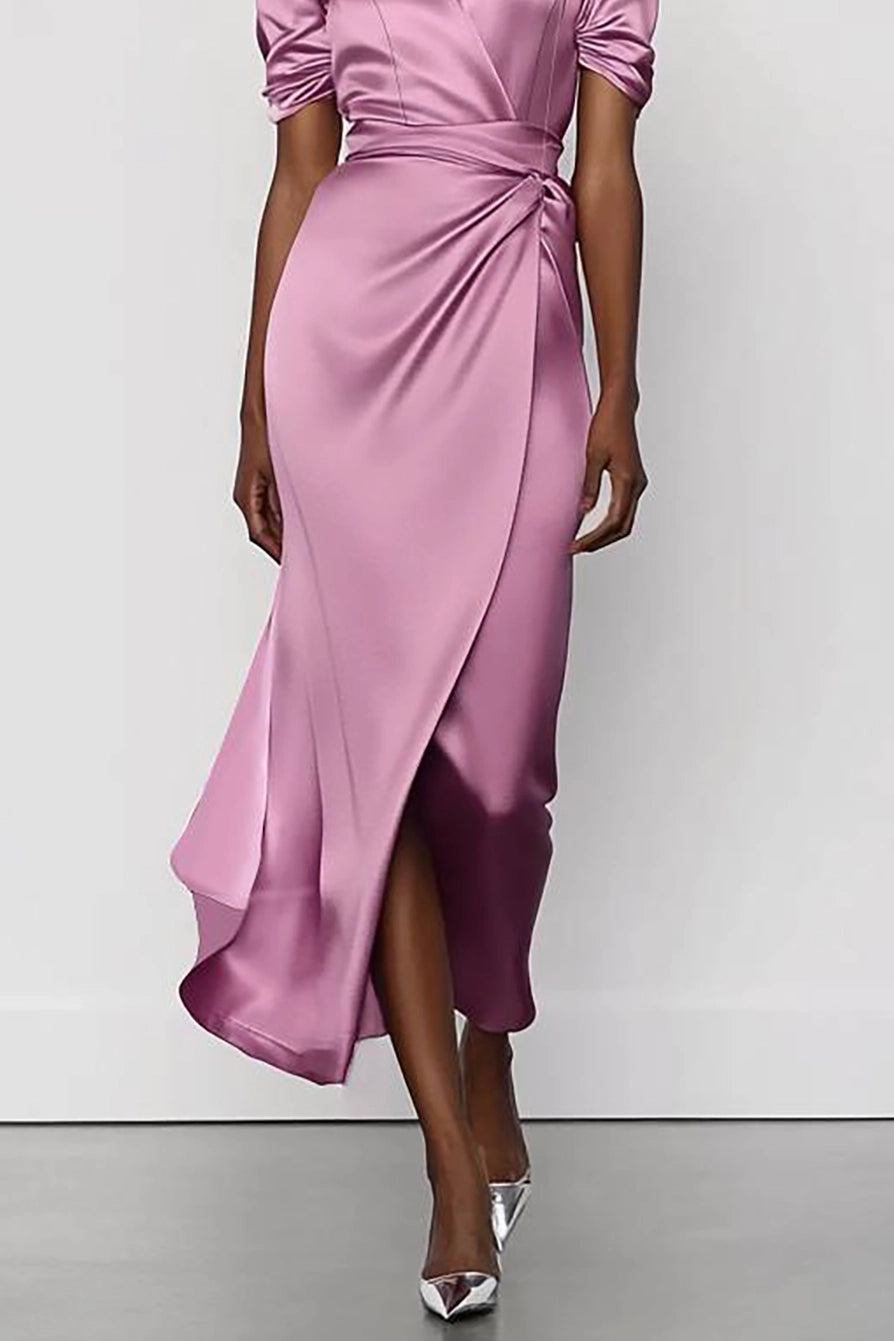 Wedding Guest Party Satin Dress Light Purple Cross Neck Short Sleeve Maxi Dress