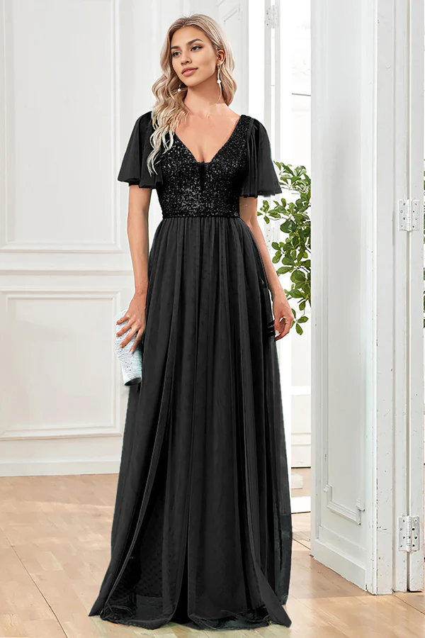 Black A-Line V Neck Long Prom Dress with Sequins simple gentle atmospheric and unique desi
