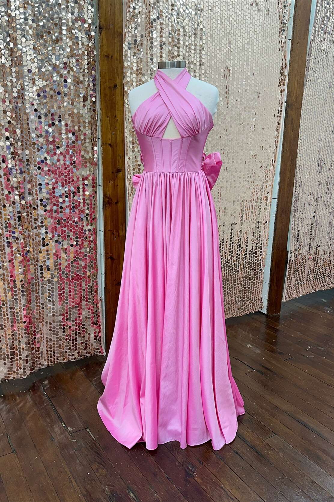 A-line Long Pink Evening Dress Halter Taffeta with Bow Simple atmospheric beautiful and unique desi