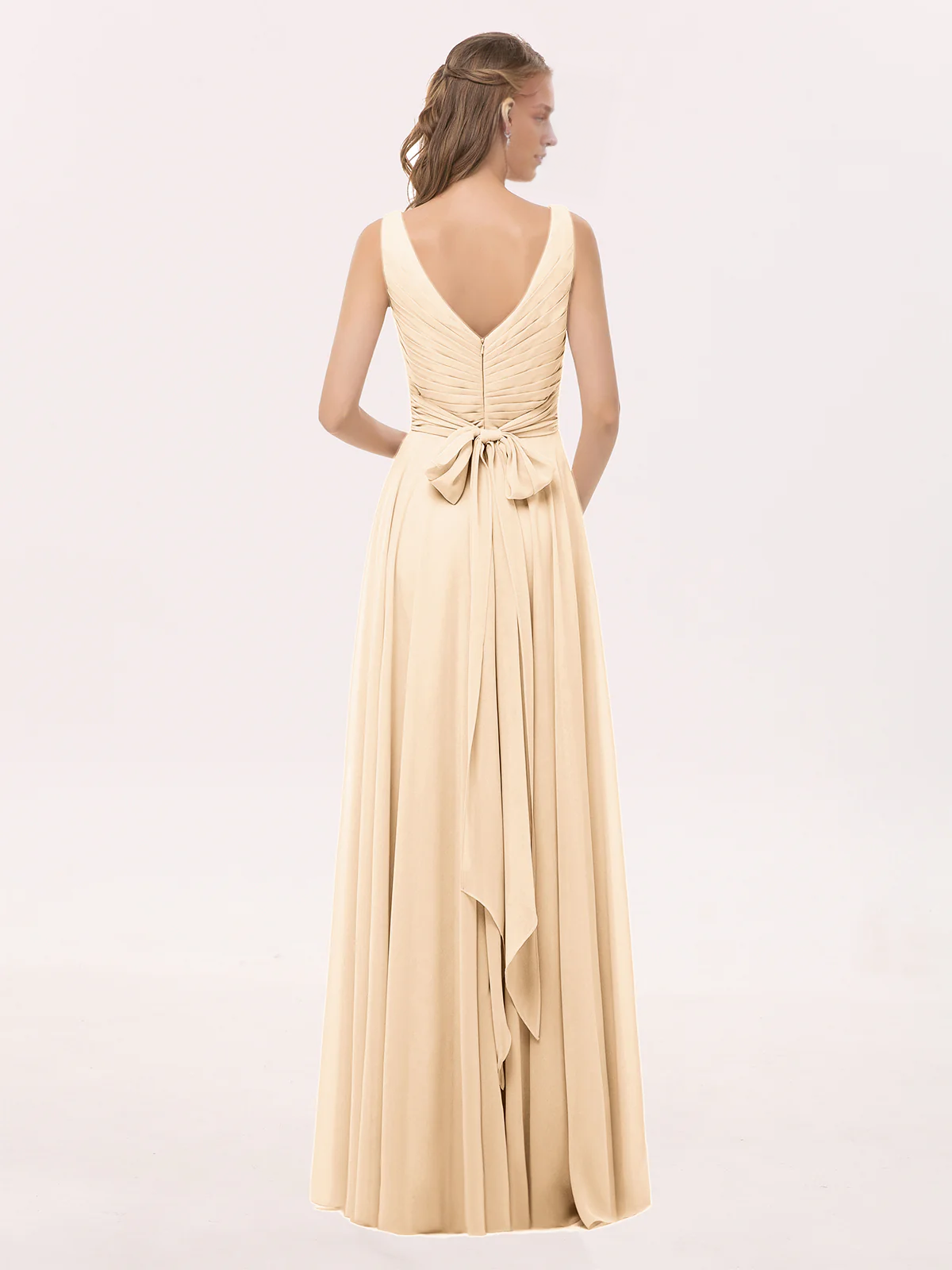 V Neck Long Chiffon Dress with Bow Peach Simple gentle atmospheric and unique design