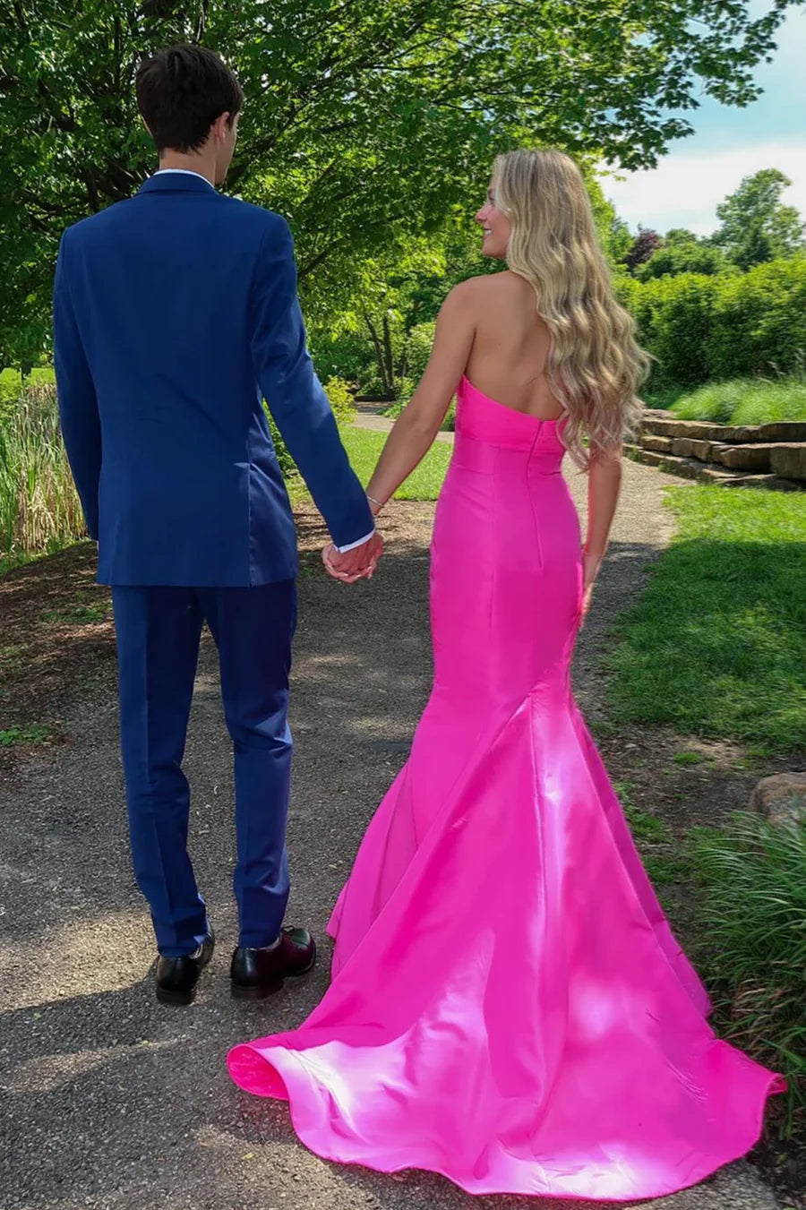Strapless Mermaid Keyhole Satin Pleated Long Prom Dress