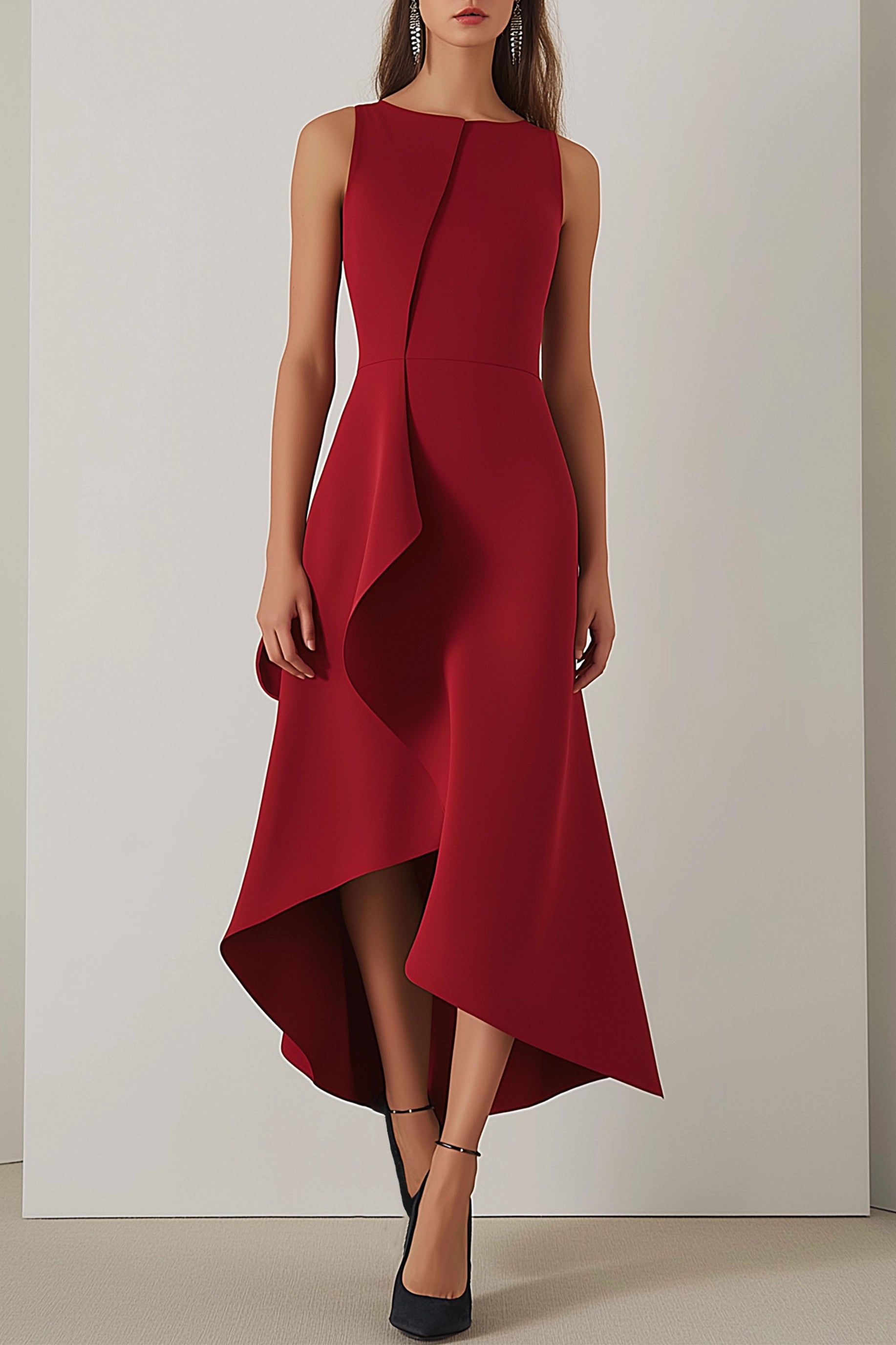 Party Semi-Formal Dress Red Round Neck Sleeveless High Low Dress Simple beautiful generous and full of charm