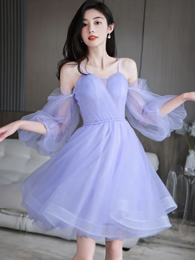 sweetheart neck tulle short prom dress purple homecoming dress
