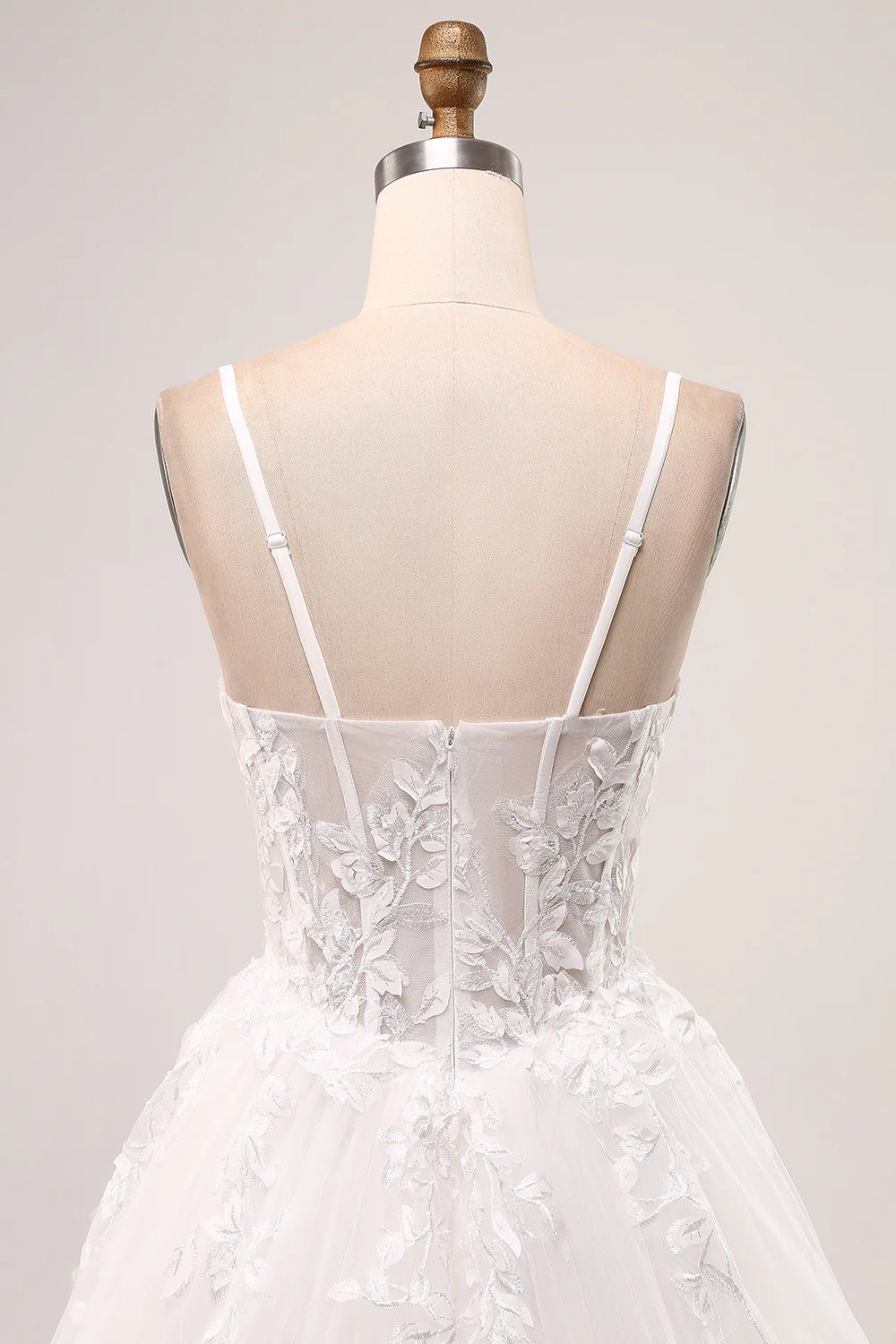 Ivory A-Line Spaghetti Straps Lace Appliques Tulle Wedding Dress with Slit
