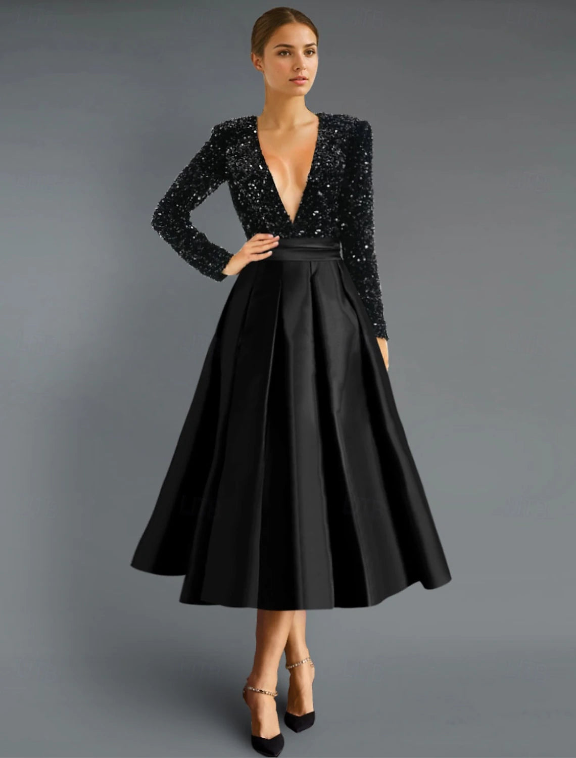 Black Gold A-Line Cocktail Dresses Elegant Dress Formal Wedding Tea Length Long Sleeve V Neck Fall Wedding Guest Satin with Glitter Sequin Derby Dresses