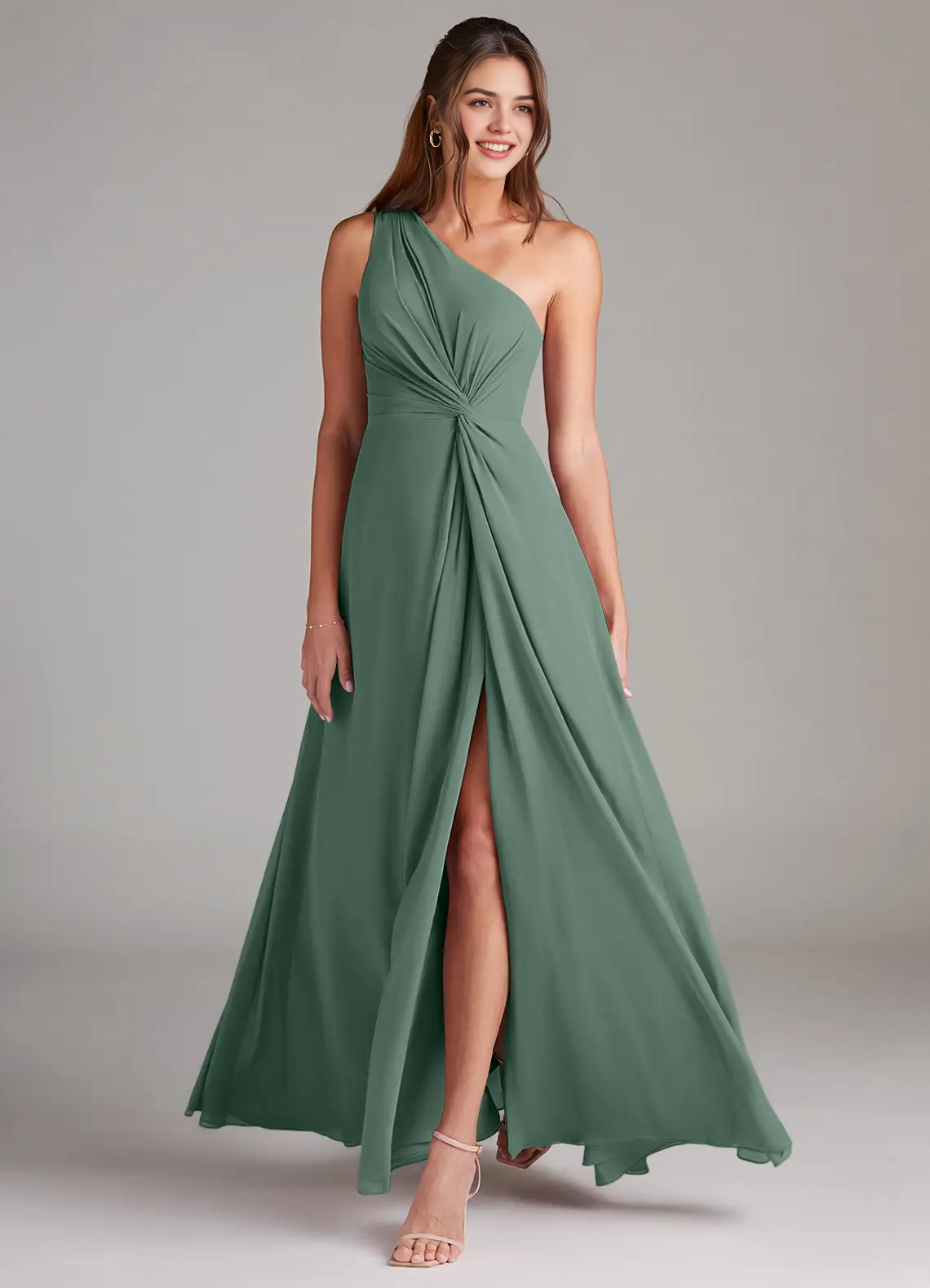 Sage Green One-Shoulder Ruched Maxi Dress with Side Slit A-Line One Shoulder Chiffon Dress Bridesmaid Dresses