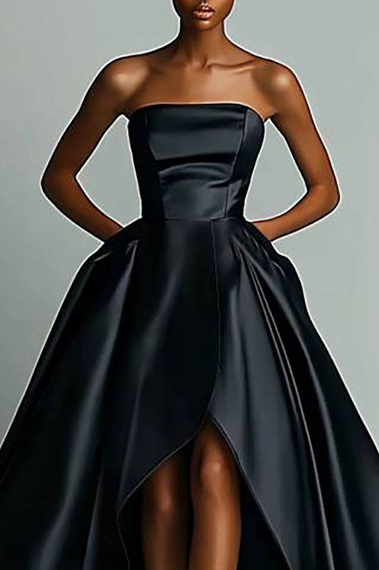 Evening Dress Black Strapless Front Short Back Long Floor-Length Gown