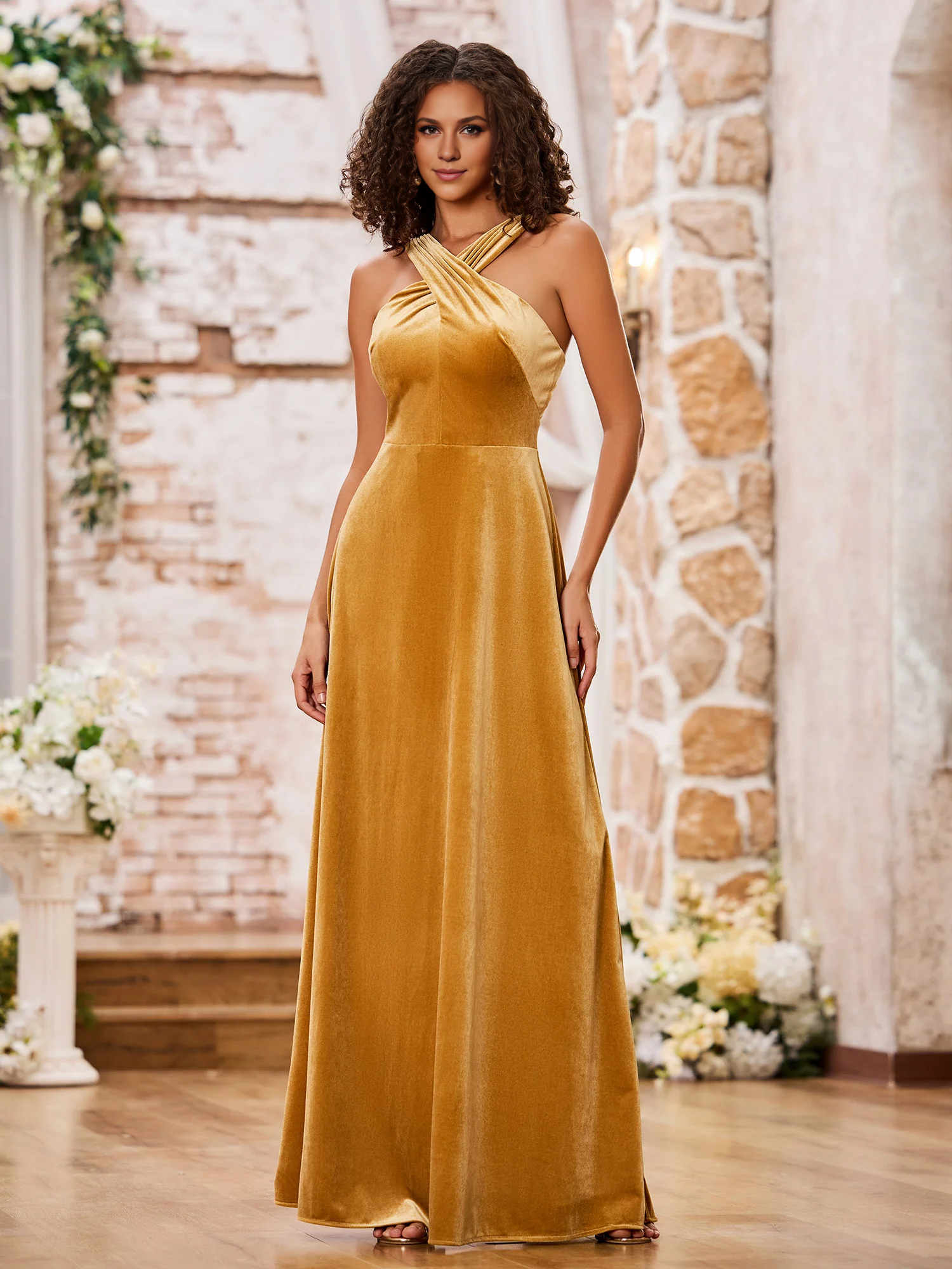 Velvet Grecian Neck Sleeveless Long Bridesmaid Gowns Gold Simple gentle atmospheric and unique design