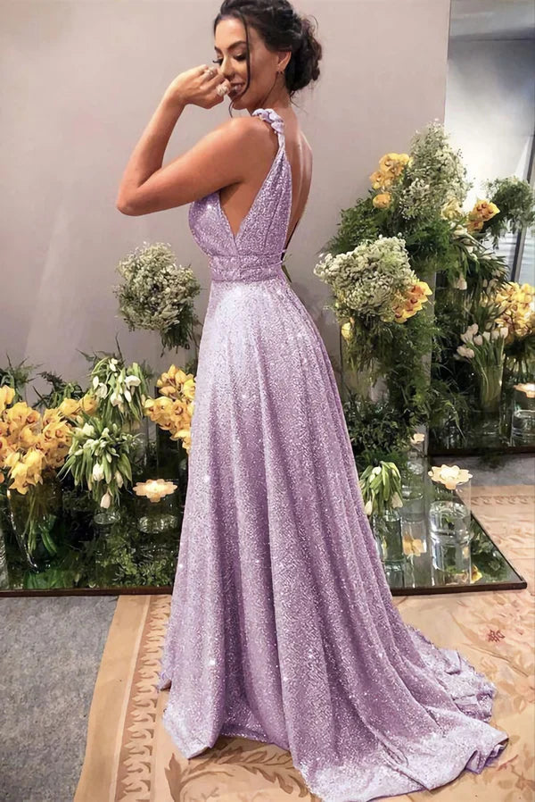 Sparkly Lilac Prom Dresses Plung Neck Formal Sequins Evening Gown For Women Special Occasions