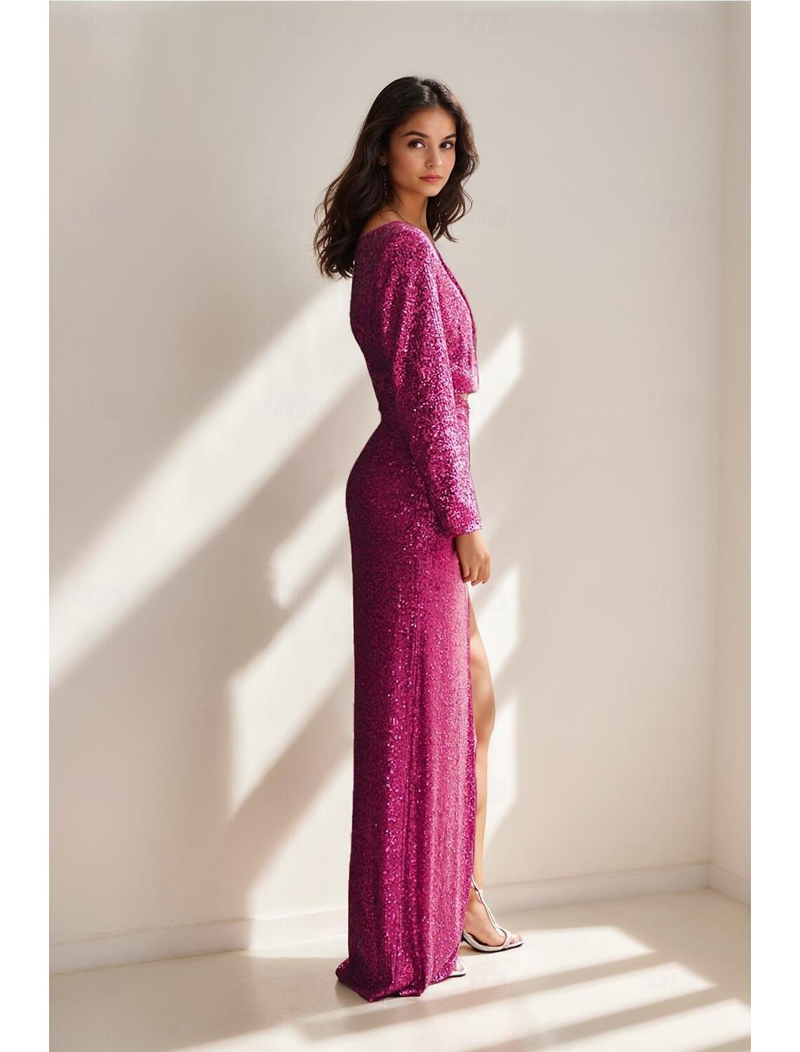 Hot PInk Tuxedo Dress Blazer Seperate Dress Two Pieces Party Formal Carnival Masquerade Floor Length Long Sleeve Peak Lapel Collar Sequin With Skirt High Slit