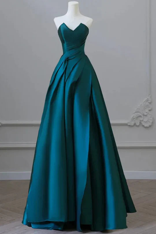 Elegant Strapless Empire-Waist Satin Pleated Long Formal Prom Dress Simple atmospheric beautiful and unique desi