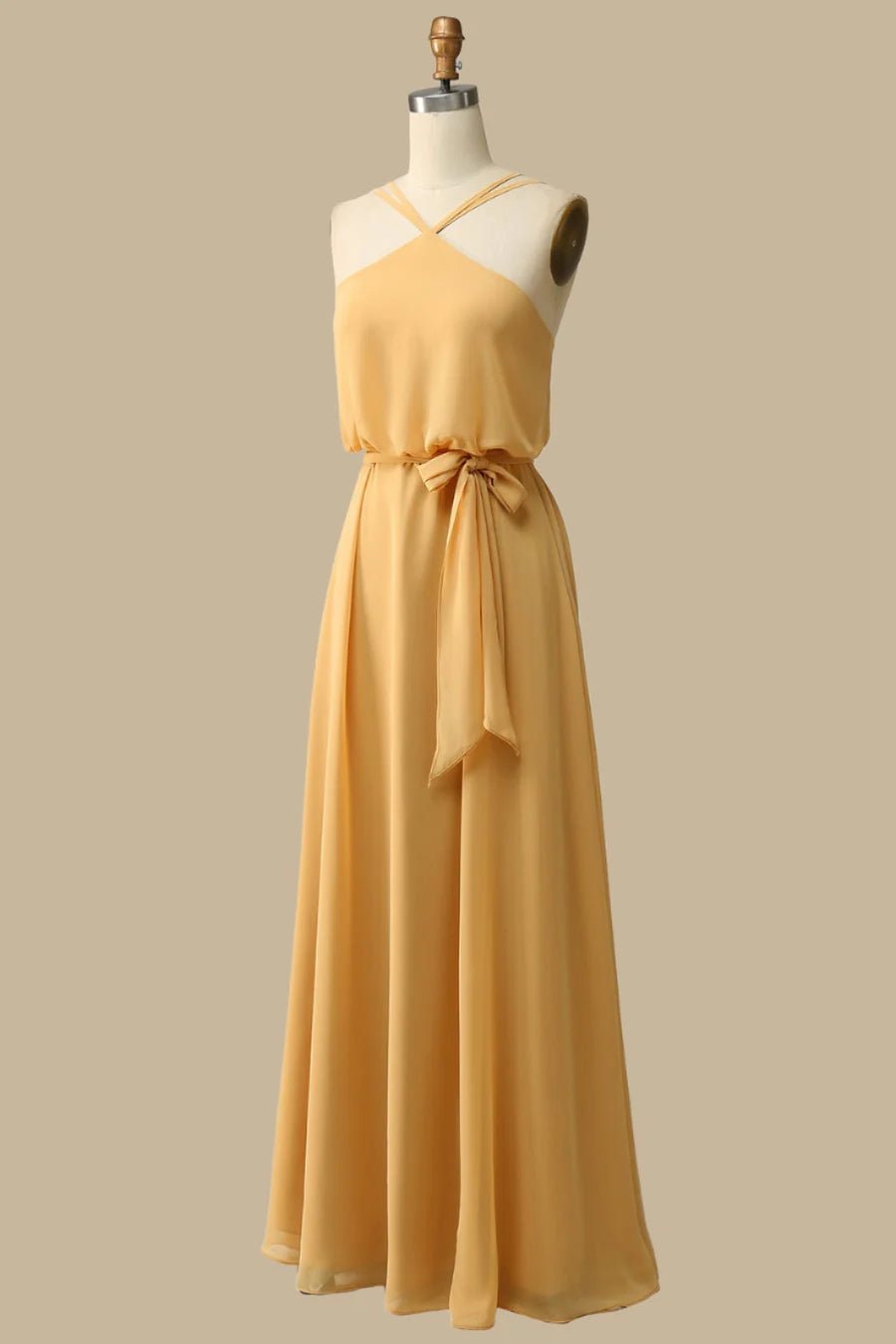 Blouson-Style Halter Chiffon Maxi Dress in Mustard Simple gentle grand and beautiful