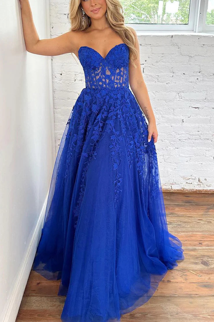 New arrival A-Line Sweetheart Royal Blue Tulle Long Prom Dresses with Appliques