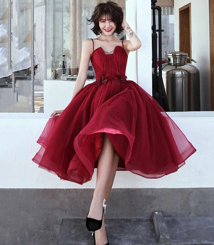 BURGUNDY TULLE SHORT PROM DRESS COCKTAIL DRESS