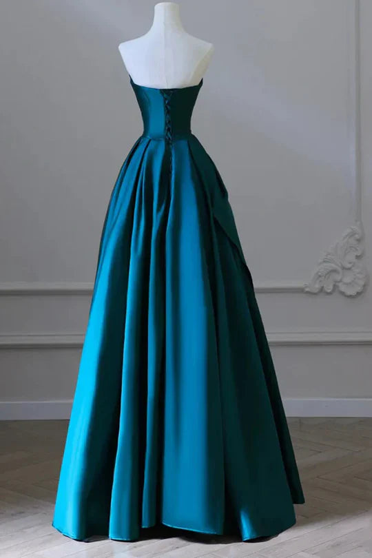 Elegant Strapless Empire-Waist Satin Pleated Long Formal Prom Dress Simple atmospheric beautiful and unique desi