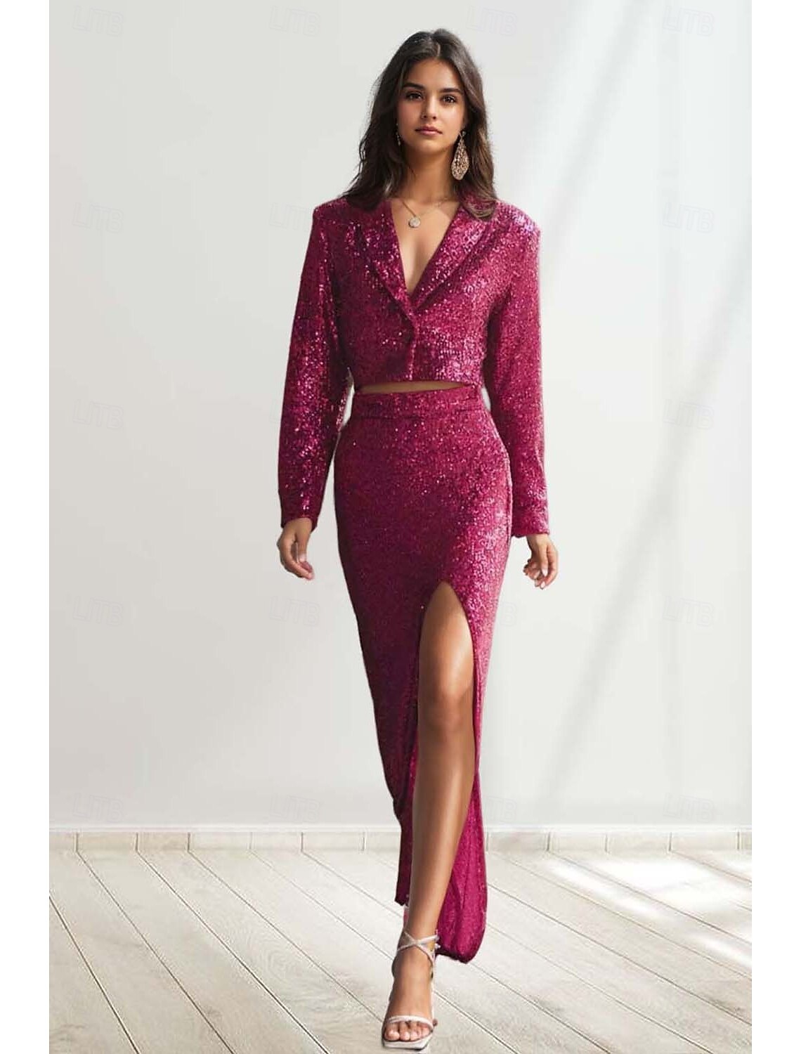 Hot PInk Tuxedo Dress Blazer Seperate Dress Two Pieces Party Formal Carnival Masquerade Floor Length Long Sleeve Peak Lapel Collar Sequin With Skirt High Slit