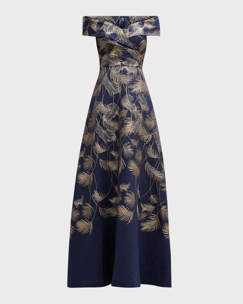 Off-Shoulder Metallic Jacquard Gown Beautiful and charming simple and unique design