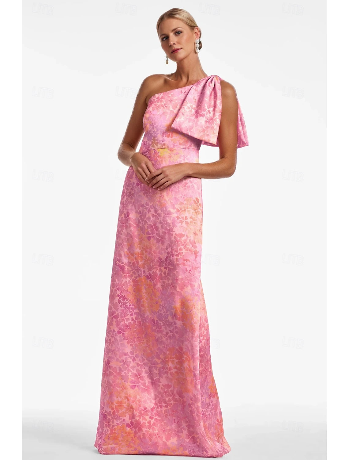 Pink Blue Floral A-Line Evening Gown Vintage Dress Formal Wedding Guest Floor Length Sleeveless One Shoulder Satin with Bow(s) Slit Wedding Guest Dress