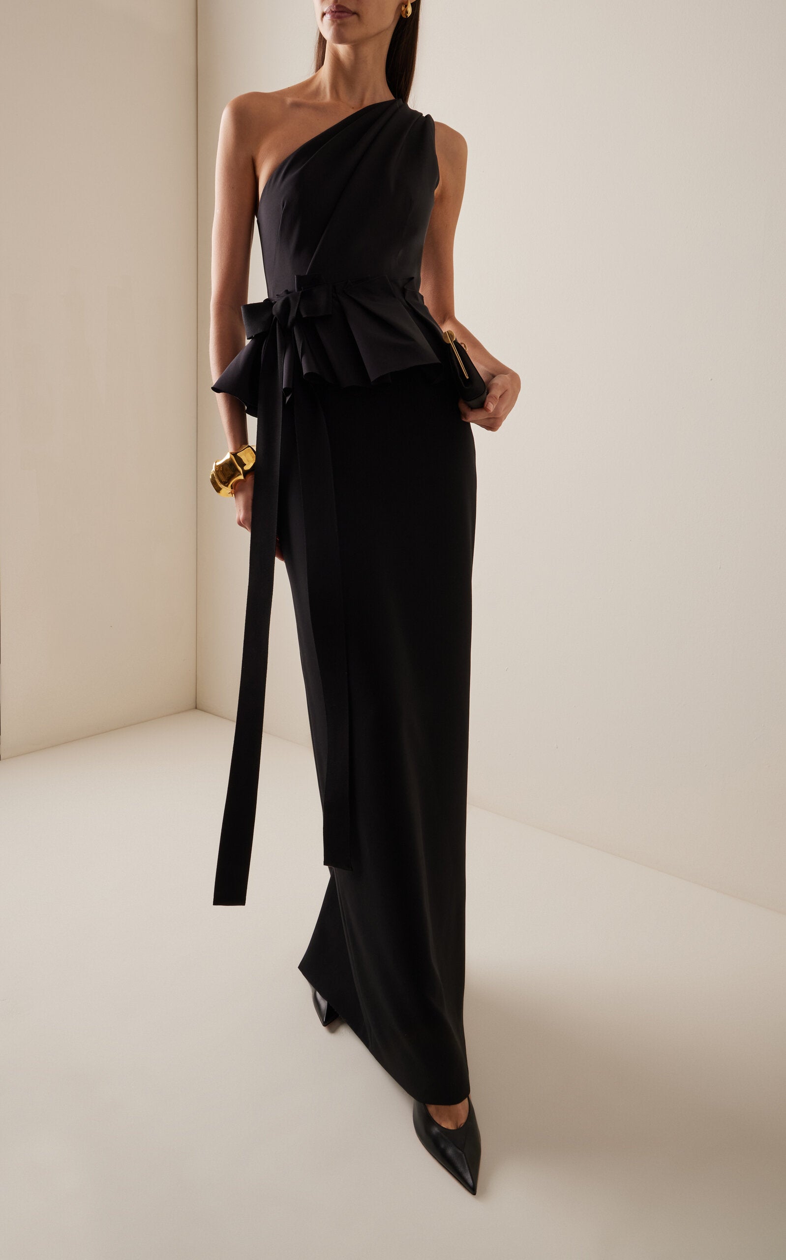 Bow-Detailed Stretch-Crepe Peplum Gown