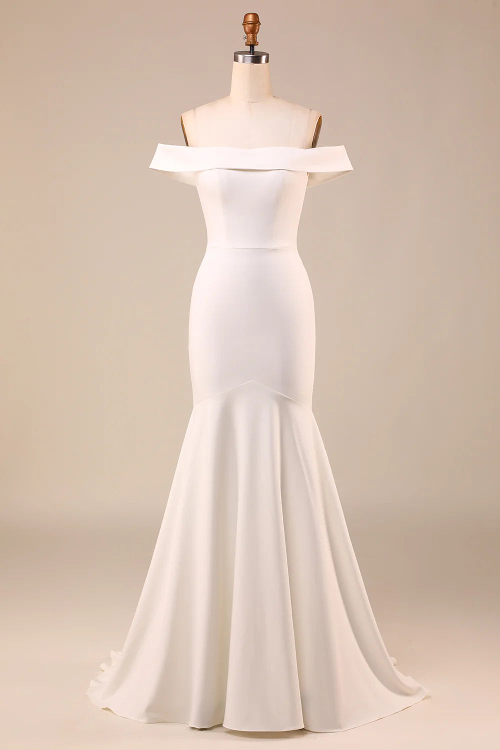 Ivory Mermaid Off The Shoulder Sweep Train Wedding Dress With Sleeveless