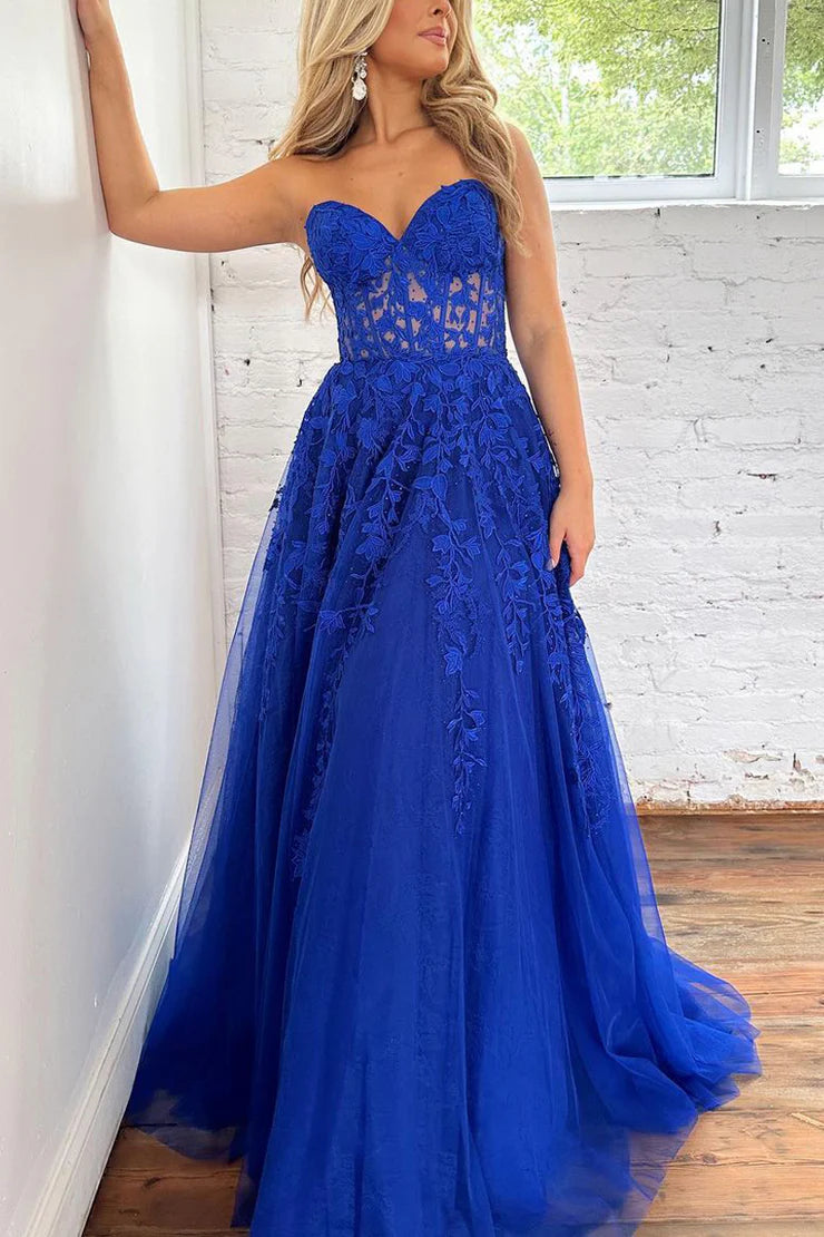New arrival A-Line Sweetheart Royal Blue Tulle Long Prom Dresses with Appliques
