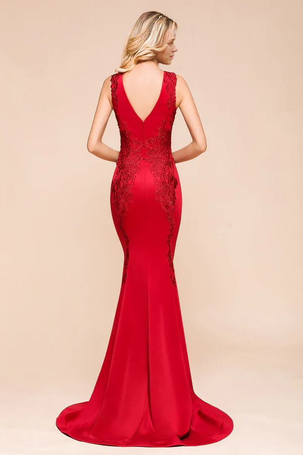 Gorgeous Red Mermaid V-Neck Prom Dress Long With Lace Appliques Simple gentle atmospheric and unique design