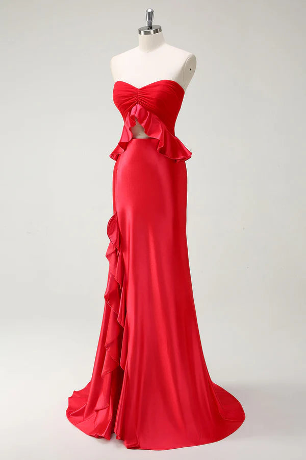 Red Sweetheart Mermaid Long Prom Dress with Slit simple gentle atmospheric and unique desi Bring summer colors to enhance whiteness