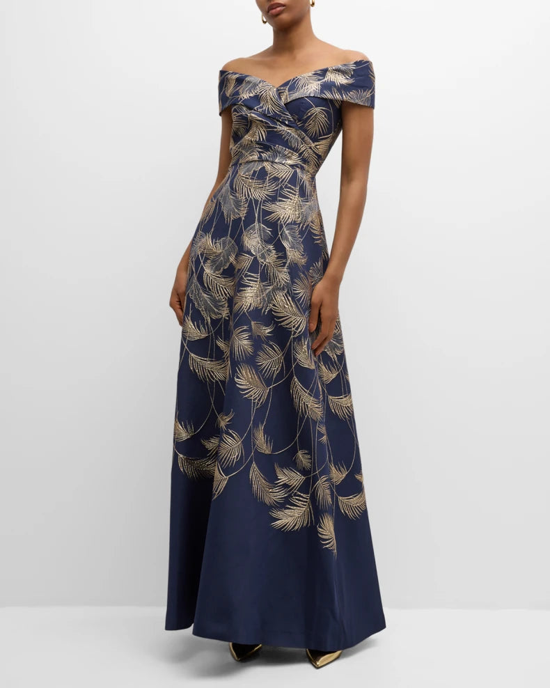 Off-Shoulder Metallic Jacquard Gown Beautiful and charming simple and unique design