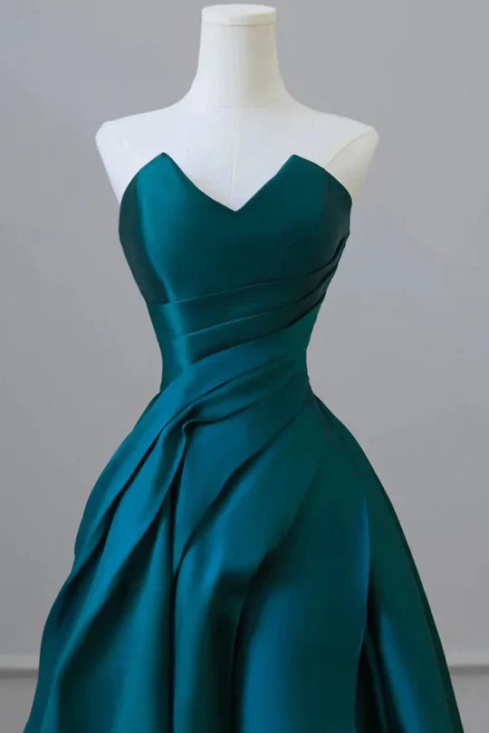 Elegant Strapless Empire-Waist Satin Pleated Long Formal Prom Dress Simple atmospheric beautiful and unique desi