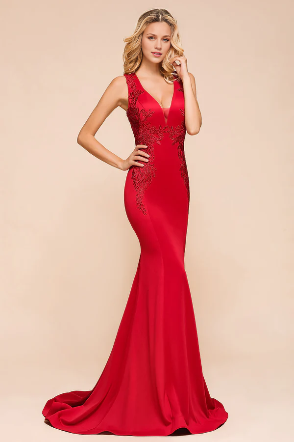 Gorgeous Red Mermaid V-Neck Prom Dress Long With Lace Appliques Simple gentle atmospheric and unique design