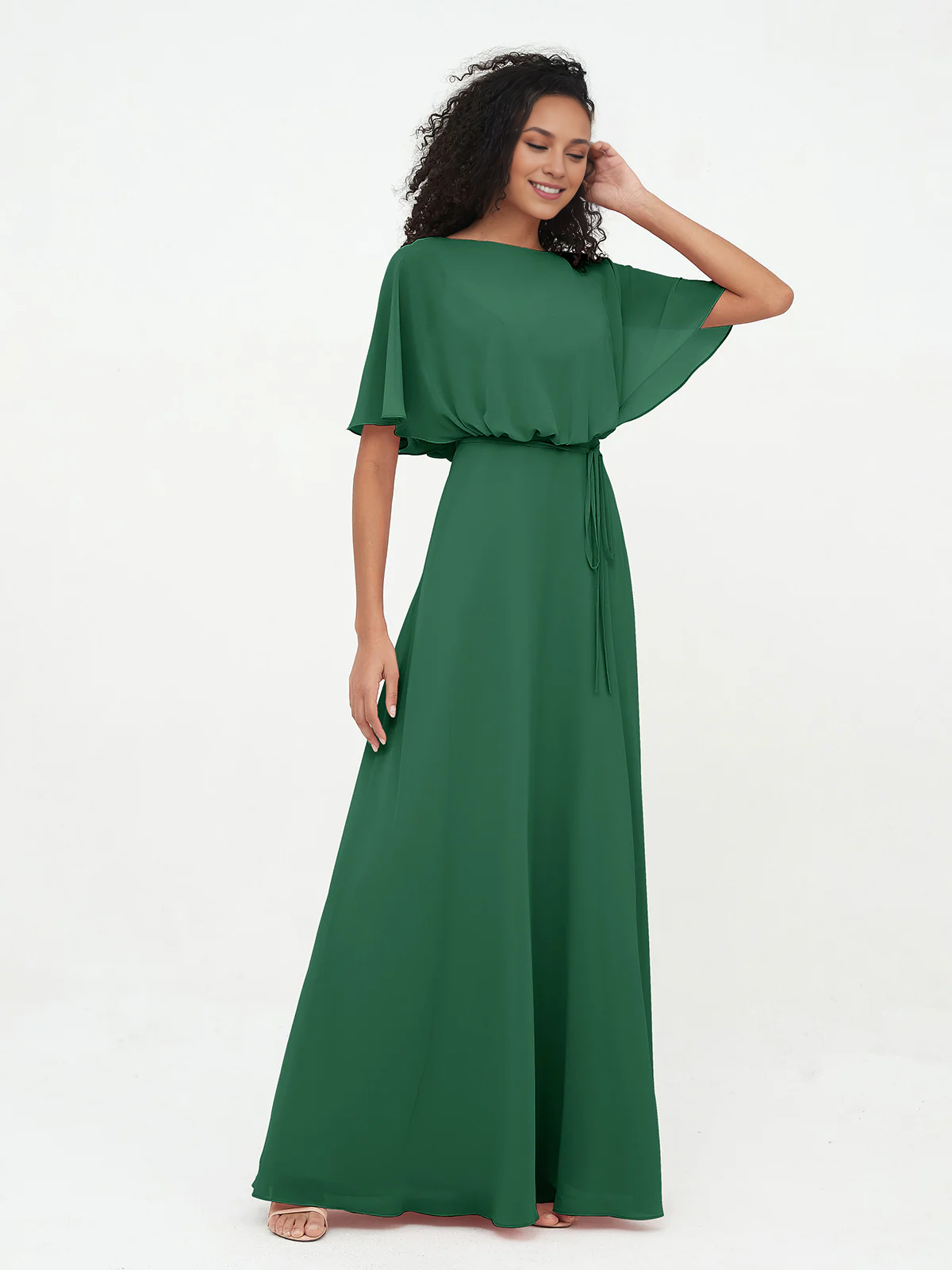 Chiffon Full Length Bridesmaid Dresses with Wrap Dark Green Simple gentle atmospheric and unique design