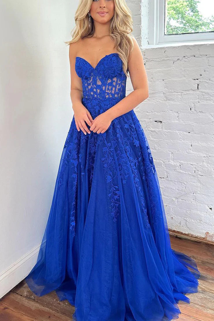 New arrival A-Line Sweetheart Royal Blue Tulle Long Prom Dresses with Appliques