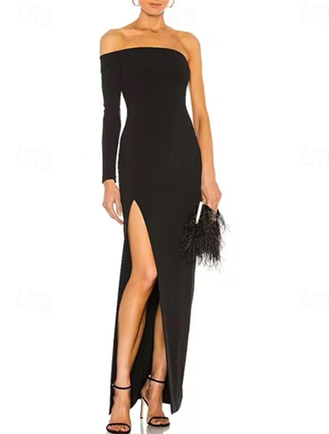 Sheath / Column Evening Gown Elegant Dress Formal Wedding Guest Floor Length Long Sleeve One Shoulder Wednesday Addams Family Cotton Blend Backless with Fringe Slit