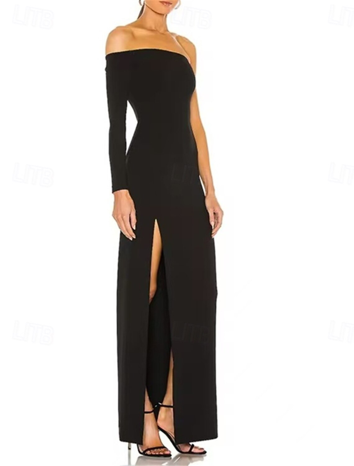 Sheath / Column Evening Gown Elegant Dress Formal Wedding Guest Floor Length Long Sleeve One Shoulder Wednesday Addams Family Cotton Blend Backless with Fringe Slit