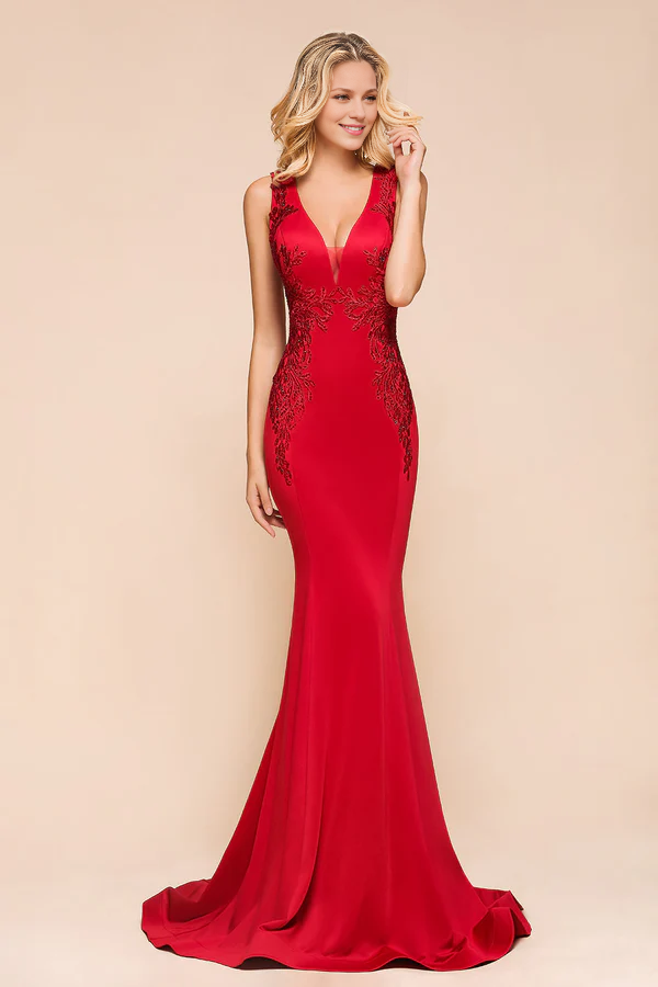 Gorgeous Red Mermaid V-Neck Prom Dress Long With Lace Appliques Simple gentle atmospheric and unique design