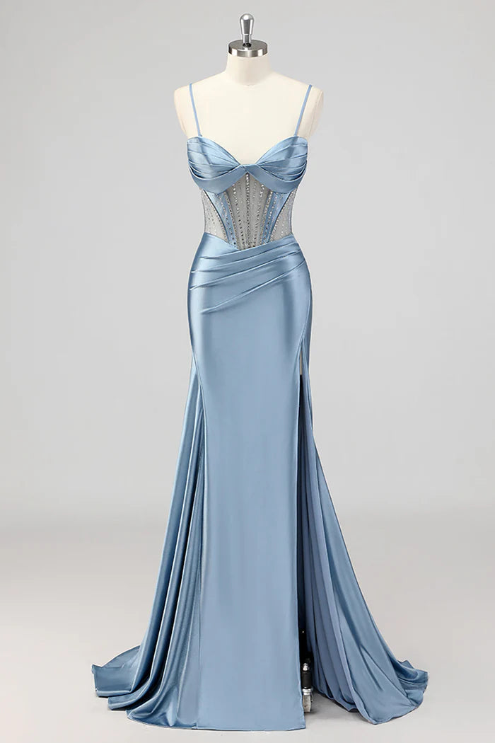 Mermaid Grey Blue Corset Beaded Prom Dress with Slit