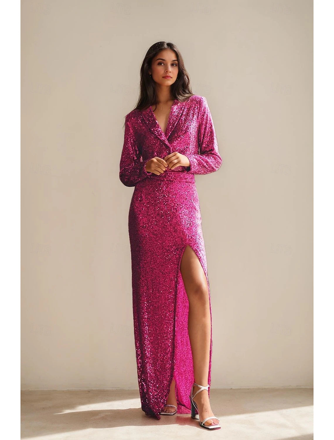 Hot PInk Tuxedo Dress Blazer Seperate Dress Two Pieces Party Formal Carnival Masquerade Floor Length Long Sleeve Peak Lapel Collar Sequin With Skirt High Slit