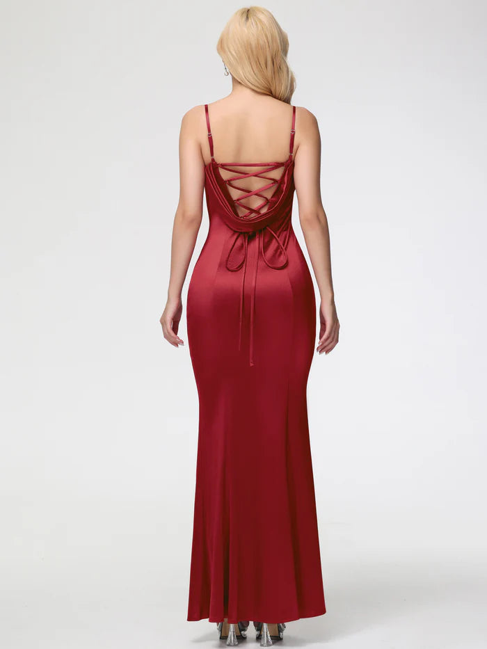Prom Dress Burgundy Dresses Trumpet/Mermaid Spaghetti Straps Sleeveless Stretch Satin Prom Dresses