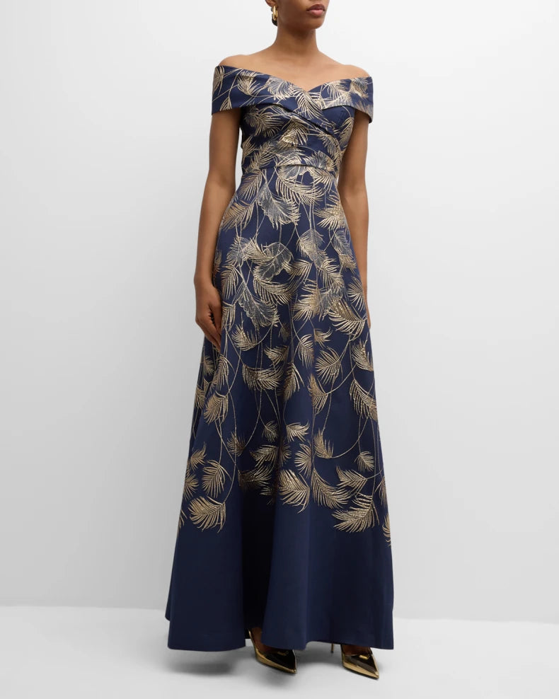 Off-Shoulder Metallic Jacquard Gown Beautiful and charming simple and unique design