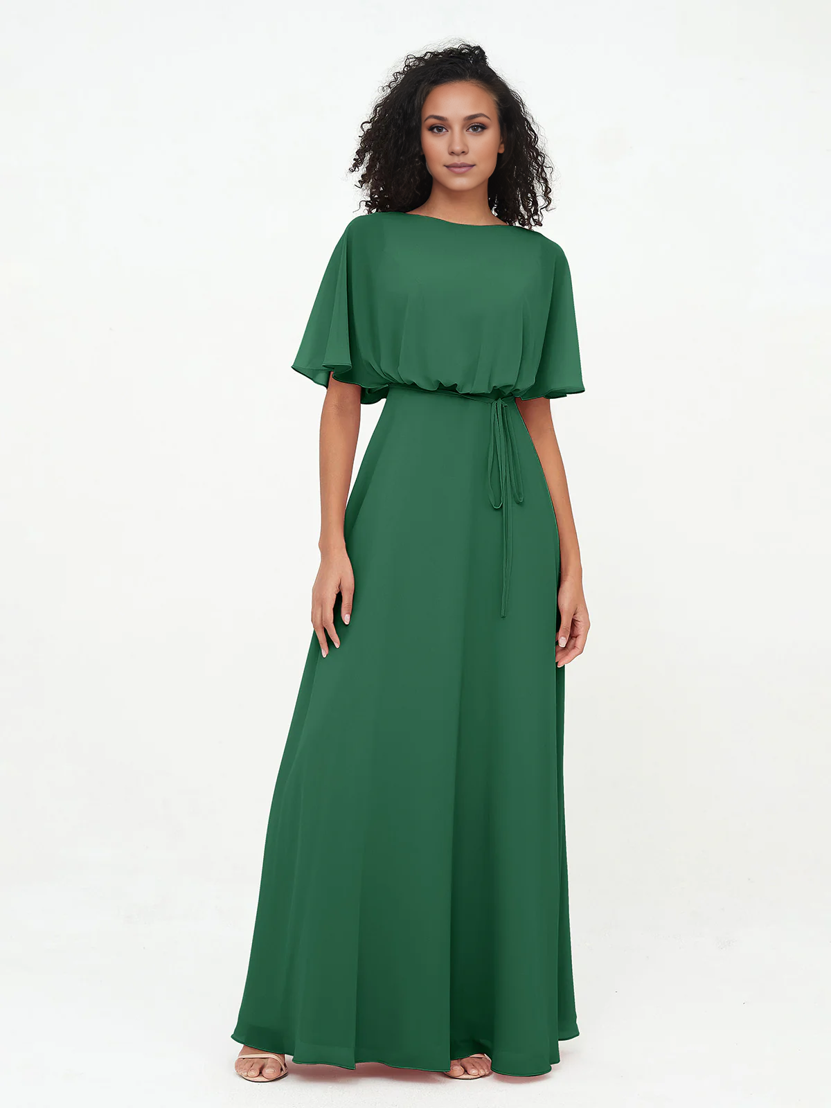 Chiffon Full Length Bridesmaid Dresses with Wrap Dark Green Simple gentle atmospheric and unique design