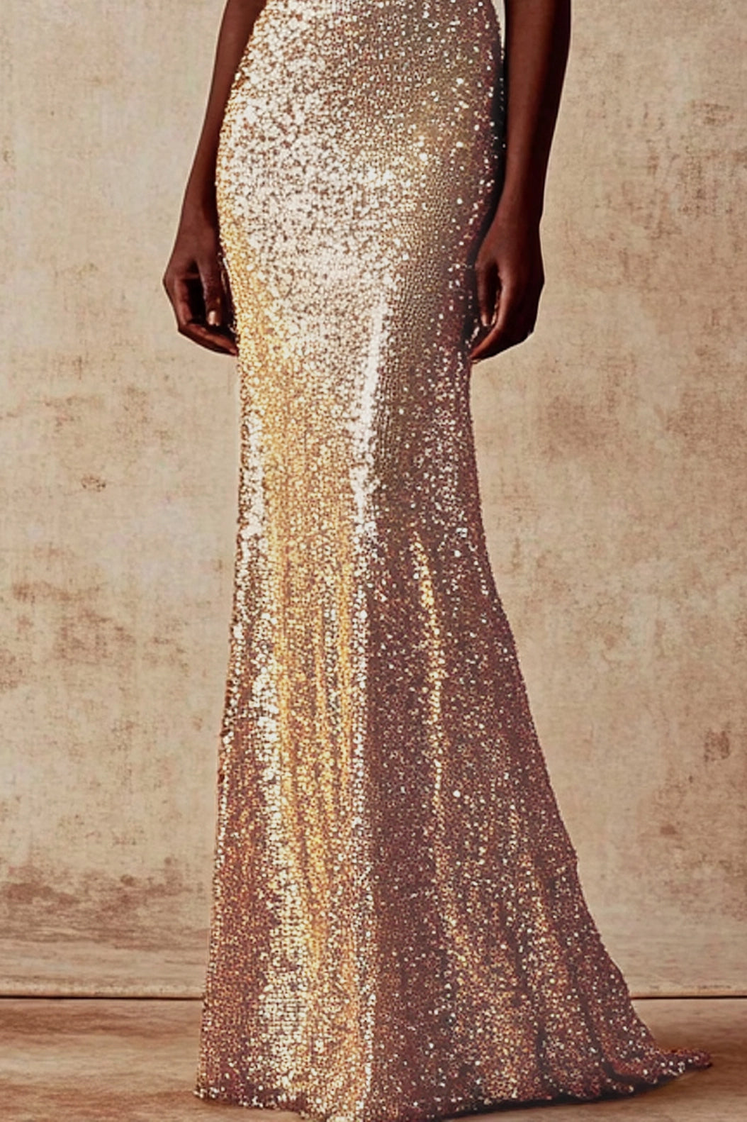Formal Evening Dress Gold Sequin Sleeveless Mermaid Floor-Length Dress