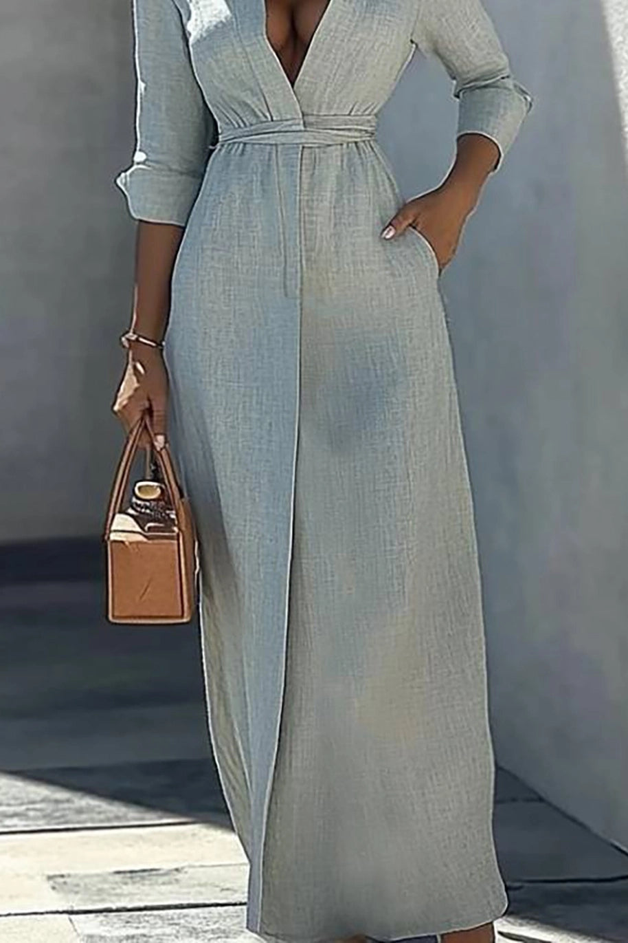 Vacation Casual Linen Dress Light Blue Long Sleeve Pocket Maxi Dress