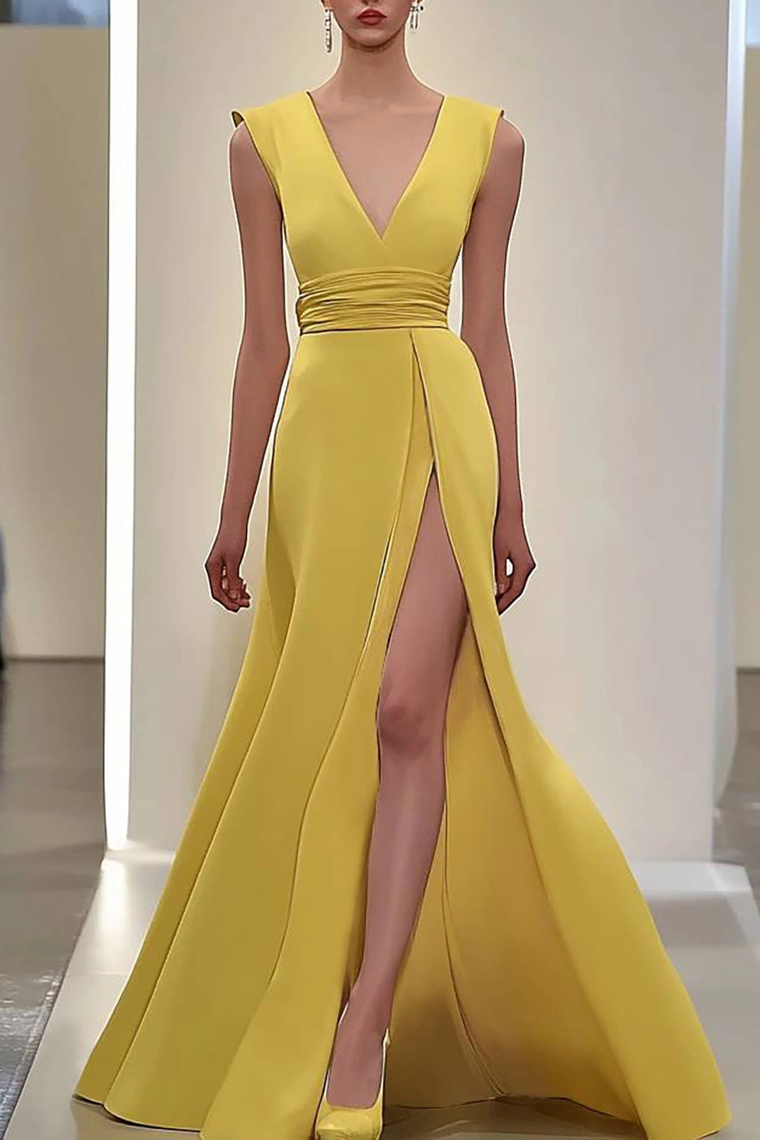 Prom Party Yellow Dress High Slit Deep V-Neck Sleeveless Floor-Length Dress
