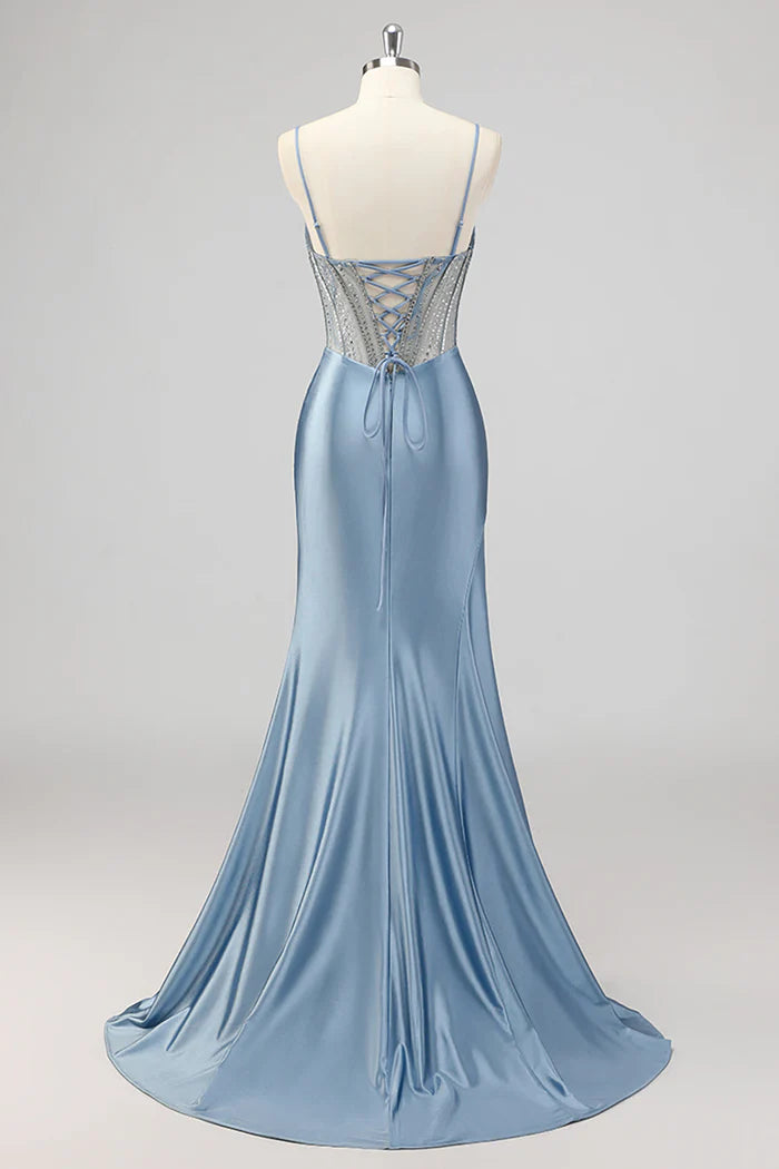 Mermaid Grey Blue Corset Beaded Prom Dress with Slit