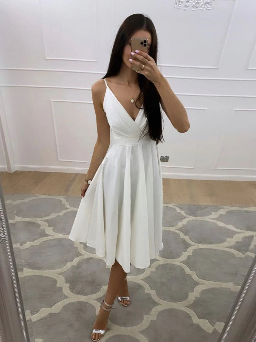 Simple white v neck short prom dress white homecoming dress simple gentle atmospheric and unique desi Bring summer colors to enhance whiteness